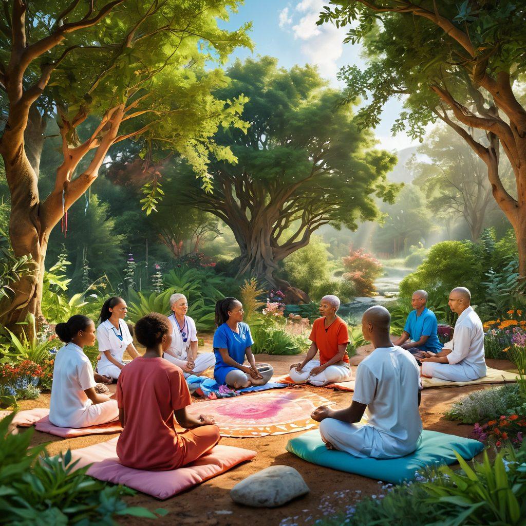 A serene landscape depicting a diverse group of people engaging in healing therapies, surrounded by nature, with visual elements representing innovation in medical technology. Include vibrant images of plants, symbols of support like ribbons, and warm, uplifting colors to reflect hope and community spirit. The scene should convey transformation and resilience against cancer. super-realistic. vibrant colors. 3D.