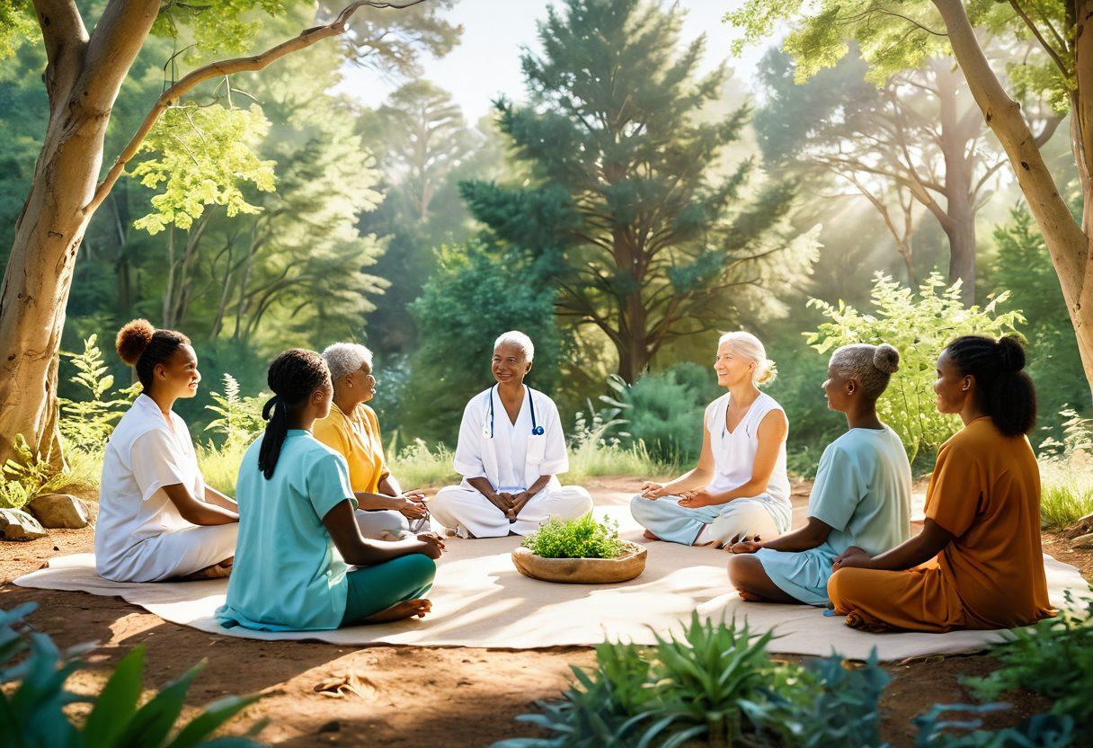 A serene oncology scene showcasing a diverse group of patients and advocates in a supportive circle, surrounded by nature, with soft sunlight filtering through trees. Include elements like healing plants, calming colors, and gentle smiles to evoke a sense of hope and community. Illustrate the connection between wellness, advocacy, and nature for a holistic view. super-realistic. soft colors. natural elements.